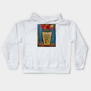 A contemporary painting of some poppies in a metallic gold and silver vase . Kids Hoodie